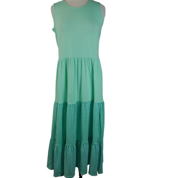 Lands End Maxi Dress Green Soft Tencel Gingham Check Peasant Medium (10-12) NWT - Picture 1 of 8